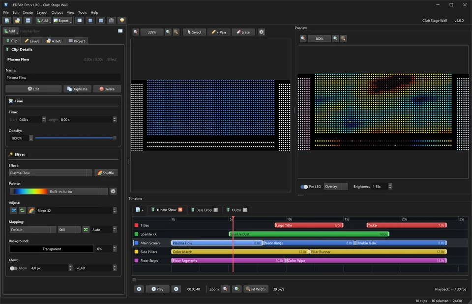 LEDEdit Pro 2026 – main editor with LED layers, live preview and multi-scene timeline