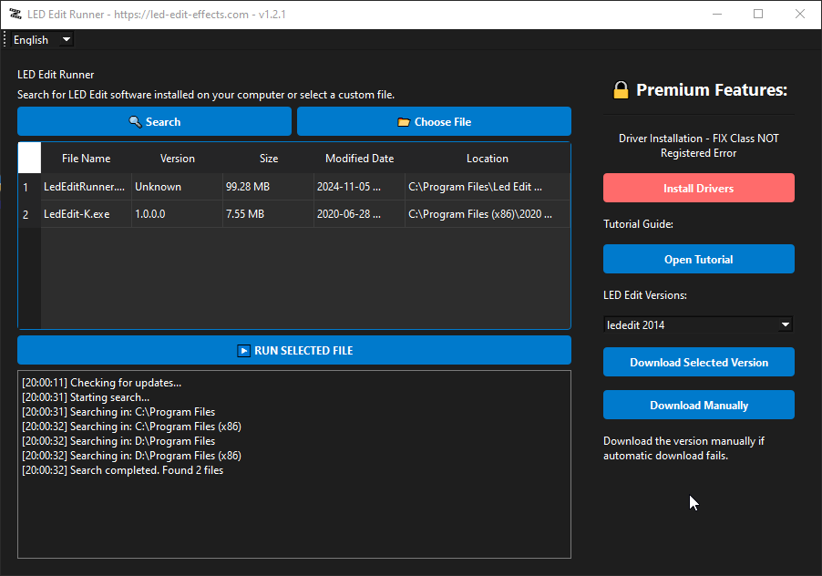 LED Edit Runner software interface showing error fix and repair options