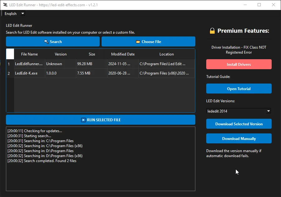LED Edit Runner software interface showing error fix