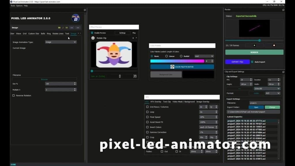 Interface Principale de Pixel LED Animator - Logiciel Professionnel d'Effets LED