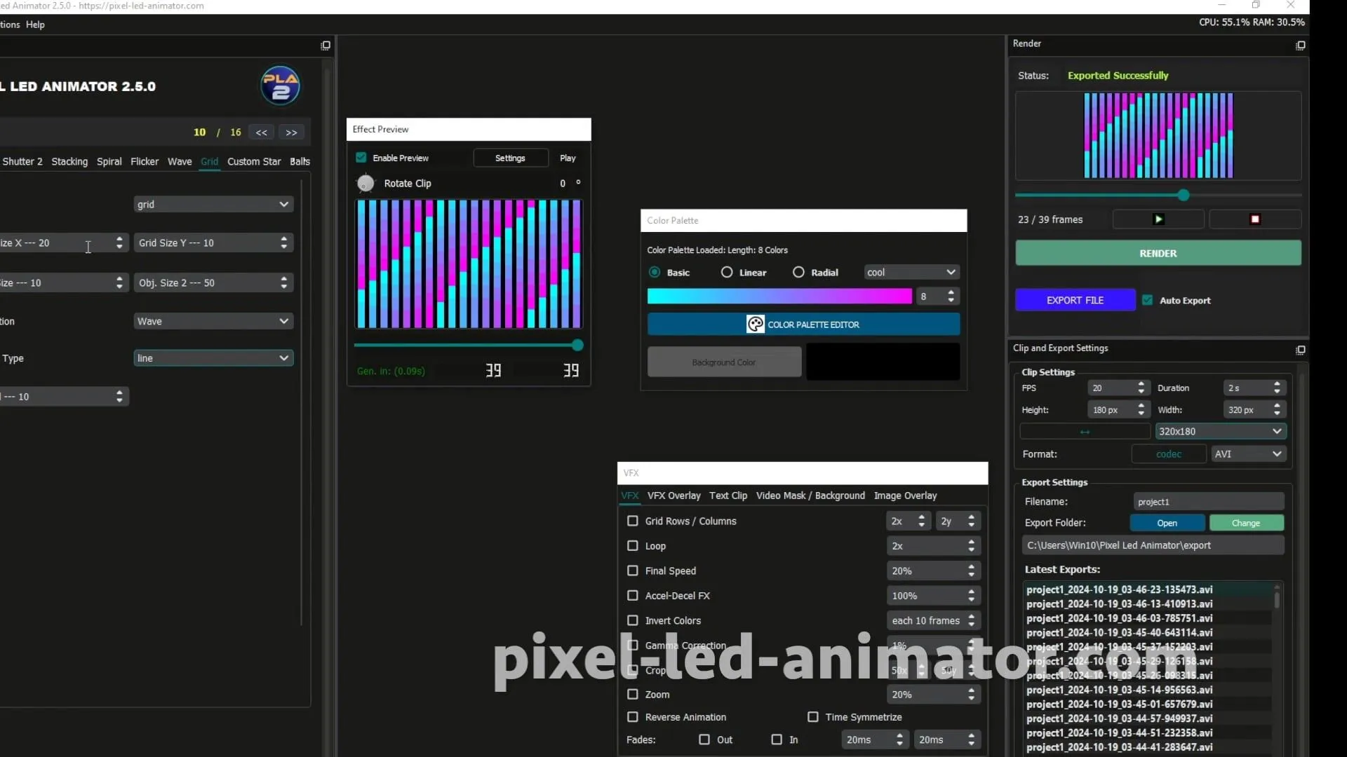 LED animation example showing complex pixel patterns and color transitions created with Pixel LED Animator