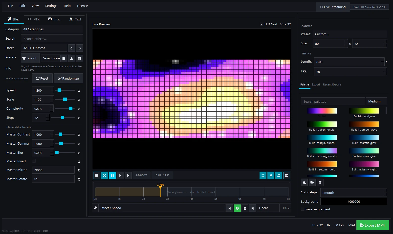 Pixel LED Animator 3 – vista previa del efecto plasma prismático